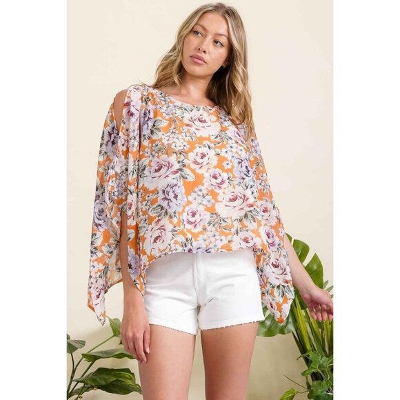 FLORAL SLIT ANGEL SCOOP NECK OVERLAY - Picture 1 of 5